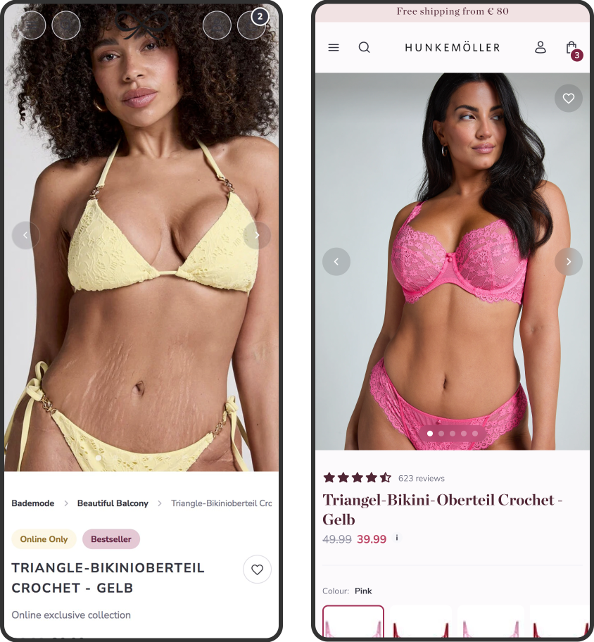 Hunkemöller toont oude website naast de styling update, waarbij de merkkleuren en het woordmerk in plaats van alleen het beeldmerk (strikje) zichtbaar zijn. Productpagina.