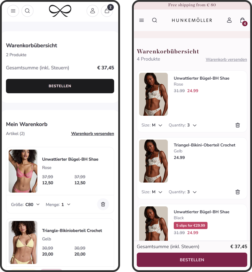 Hunkemöller toont oude website naast de styling update, waarbij de merkkleuren en het woordmerk in plaats van alleen het beeldmerk (strikje) zichtbaar zijn. Winkelwagen pagina.