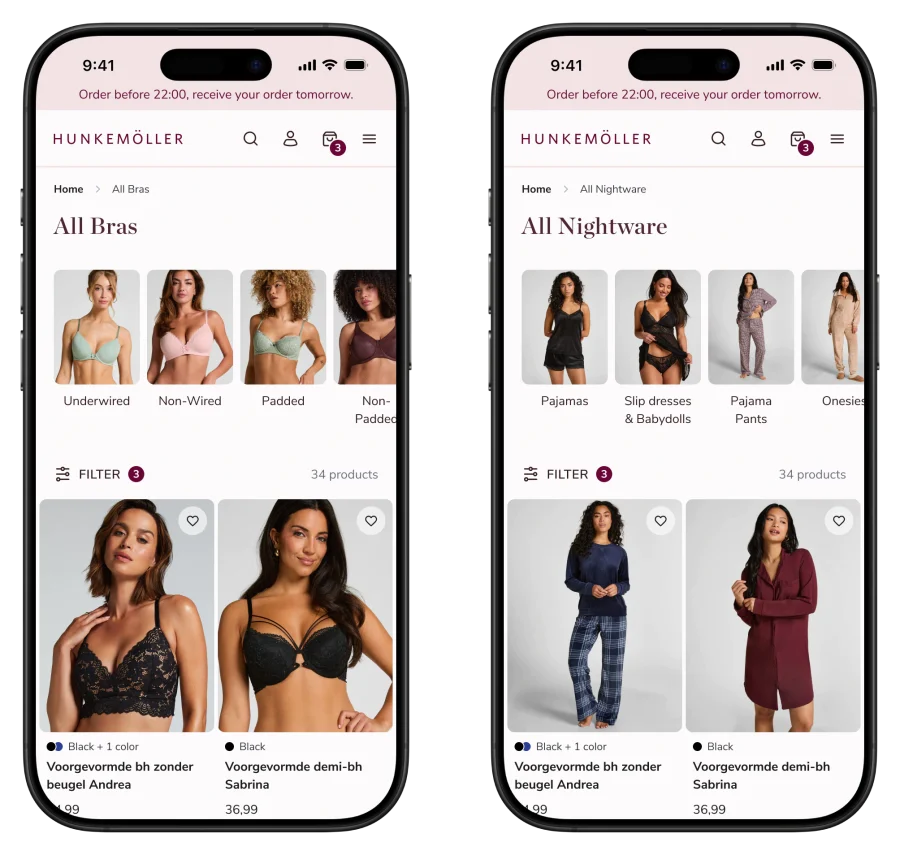 Hunkemoller visuele filters voor type product op Product Lister paginas