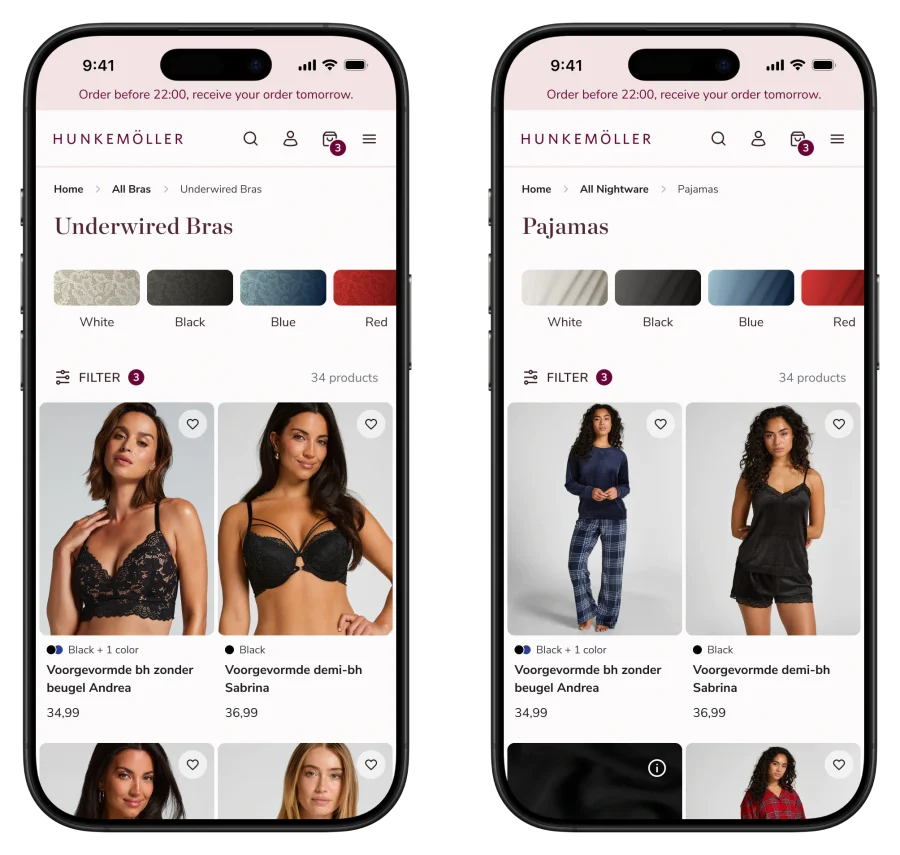 Hunkemoller visuele filters voor kleur op gefilterde Product Lister paginas