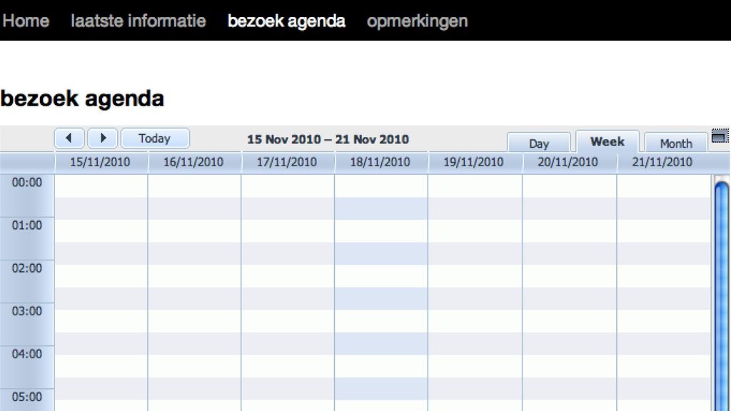 De bezoekagenda pagina, waarop alleen een functionele agenda te zien is. Een hoofdmenu met Home, laatste informatie, bezoek agenda en opmerkingen.